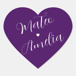 紫と白のウェディングステッカー - 花嫁と花婿の名前 ハートシール