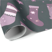 紫と白のクリスマスストッキングブラッククリスマス ラッピングペーパー (ロールコーナー)