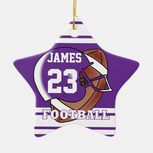 紫と白のサッカー セラミックオーナメント (正面)