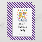 紫と白のストライプのフレームの3歳の誕生日パーティー 招待状 (正面/裏面)