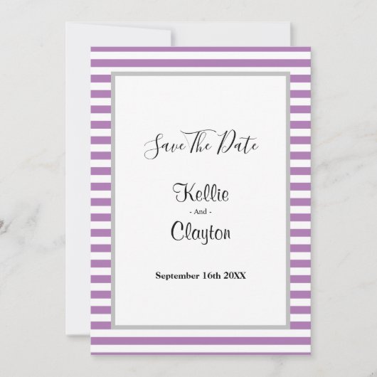 紫と白のストライプのフレーム入り結婚式のSave The Date セーブザデート (正面)