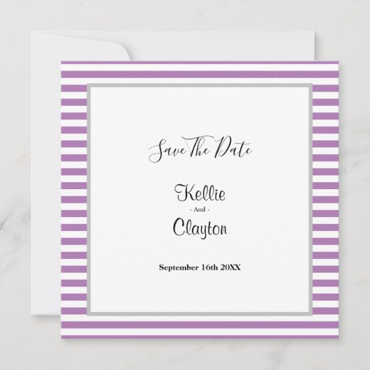 紫と白のストライプのフレーム入り結婚式のSave The Date セーブザデート (正面)