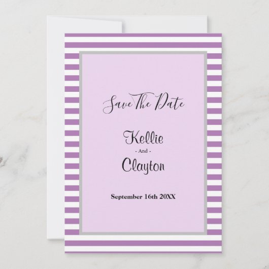 紫と白のストライプのフレーム入り結婚式のSave The Date セーブザデート (正面)