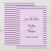 紫と白のストライプのフレーム入り結婚式のSave The Date セーブザデート (正面/裏面)