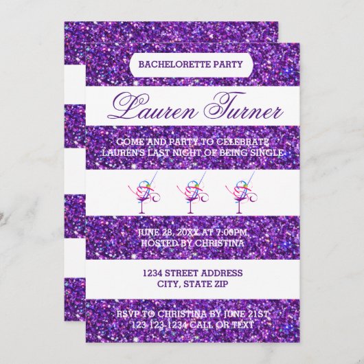 紫と白のストライプバチェロレッテ招待状 招待状 (正面/裏面)