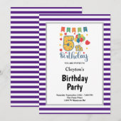 紫と白のストライプフレームの5歳誕生日パーティー 招待状 (正面/裏面)