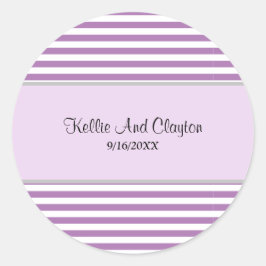 紫と白のストライプ ウェディング クラシック ラウンド ステッカー