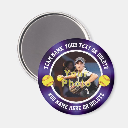 紫と白のソフトボールをテーマにしたパーティーの好意 マグネット (正面/裏面)