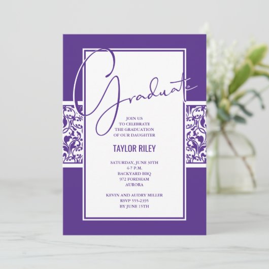 紫と白のダマスクの卒業 招待状 (スタンド正面)