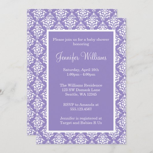 紫と白のダマスクの少女のベビーシャワー 招待状 (正面/裏面)