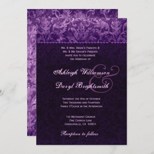紫と白のダマスグランジク結婚式B733 招待状 (正面/裏面)