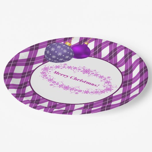紫と白のテーマメリークリスマス ペーパープレート (アングル)