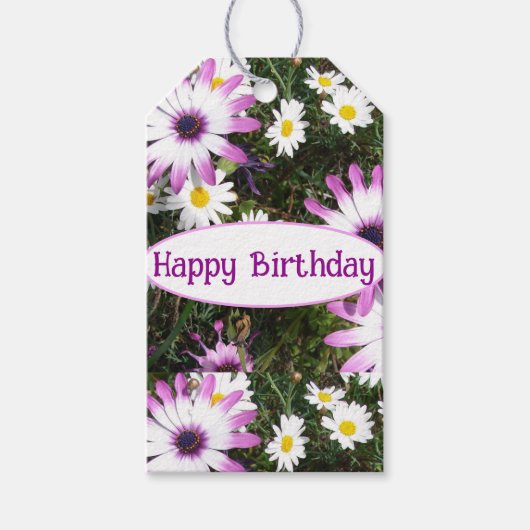 紫と白のデイジー花フローラ誕生日 ギフトタグ (正面)