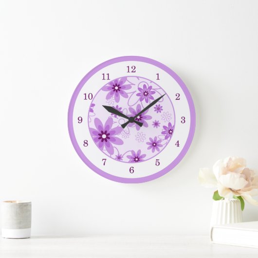 紫と白のデイジー ラージ壁時計 (ホーム)