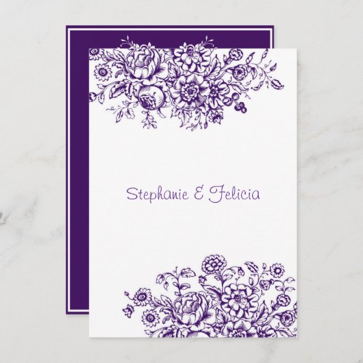 紫と白のトイルフローラ結婚ズ 招待状 (正面/裏面)