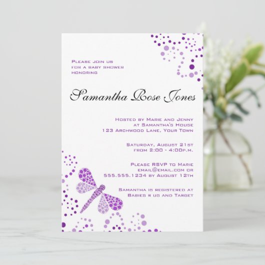 紫と白のトンボの赤エレガントちゃんシャワー 招待状 (スタンド正面)