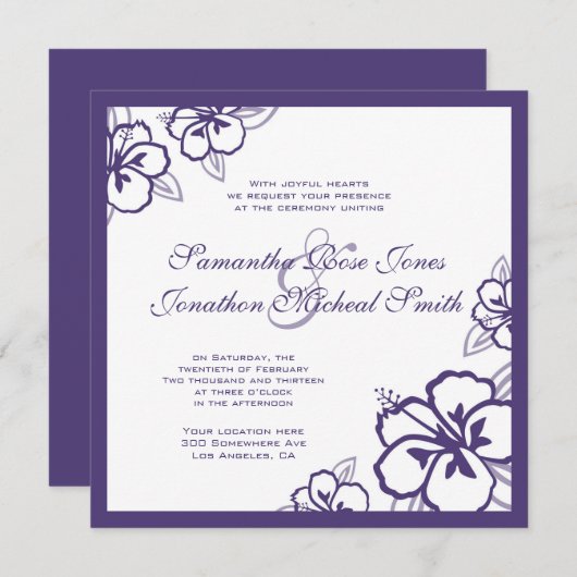 紫と白のハイビスカスの花のカスタムウェディング 招待状 (正面/裏面)