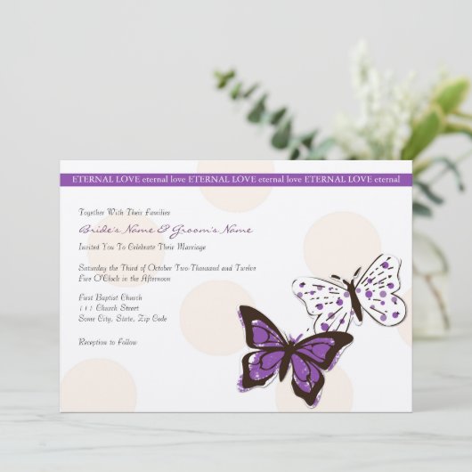 紫と白のバタフライクール結婚式招待状 招待状 (スタンド正面)
