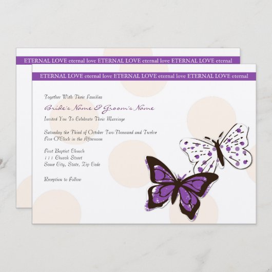 紫と白のバタフライクール結婚式招待状 招待状 (正面/裏面)