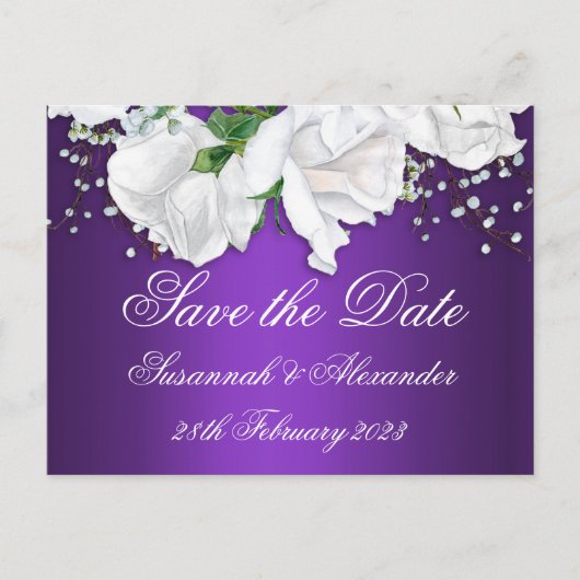 紫と白のバラは日付を保存 案内ポストカード (正面)