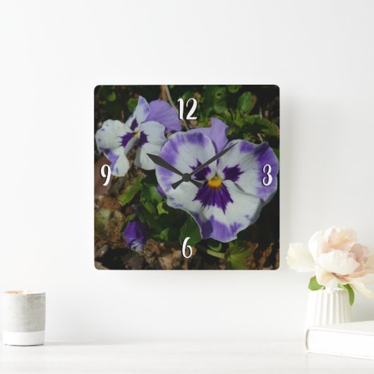 紫と白のパンジカラフルーフローラ スクエア壁時計 (ホーム)