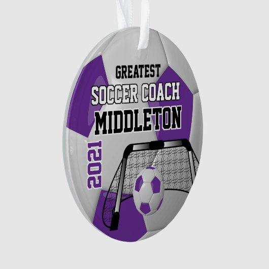 紫と白のパーソナライズしたサッカーボール オーナメント (正面)
