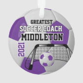 紫と白のパーソナライズしたサッカーボール オーナメント (裏面)