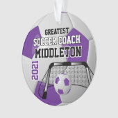 紫と白のパーソナライズしたサッカーボール オーナメント (正面)