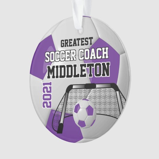 紫と白のパーソナライズしたサッカーボール オーナメント (正面)