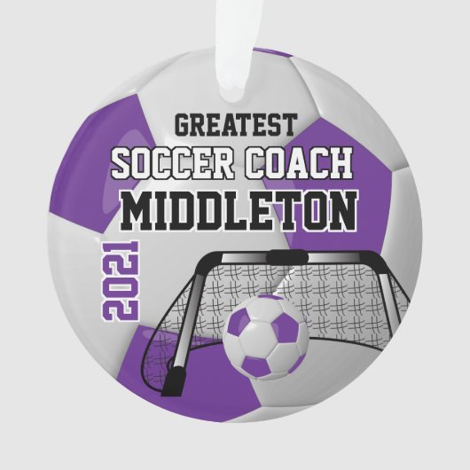 紫と白のパーソナライズしたサッカーボール オーナメント (正面)