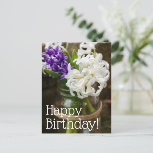 紫と白のヒヤシンス誕生日はがき ポストカード (スタンド正面)