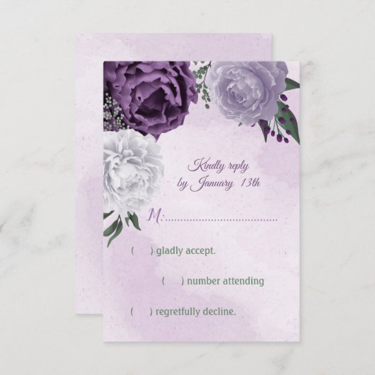 紫と白のフローラの結婚緑 出欠カード (正面/裏面)