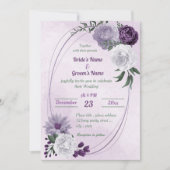紫と白のフローラの緑の幾何結婚的 招待状 (正面)