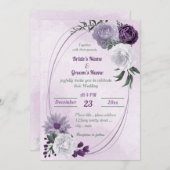 紫と白のフローラの緑の幾何結婚的 招待状 (正面/裏面)