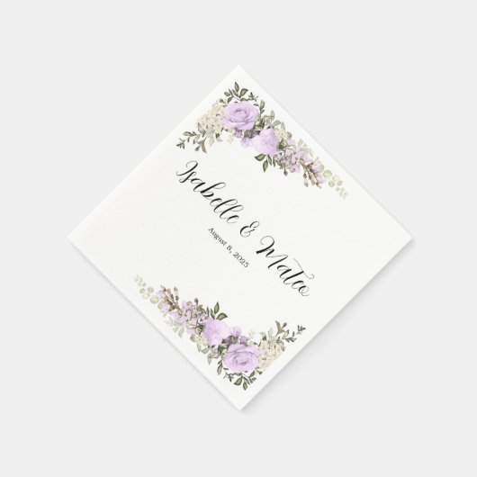 紫と白のフローラカスタムウェディング スタンダードカクテルナプキン (角)