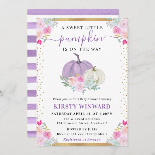 紫と白のフローラカボチャ秋ベビーシャワー 招待状 (正面/裏面)