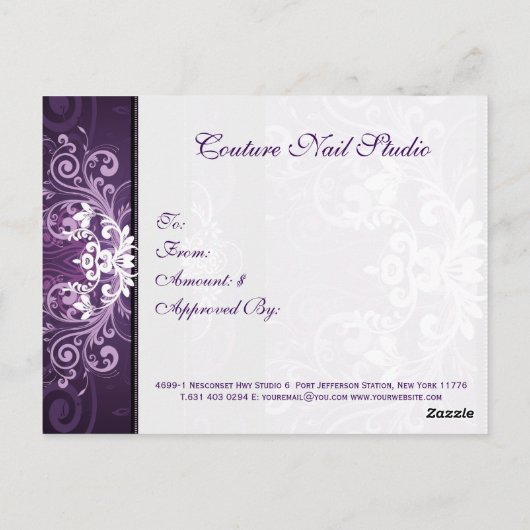 紫と白のフローラスワールのギフト証明書 ポストカード (裏面)