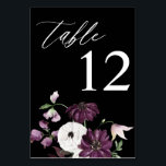 紫と白のフローラテーブル番号 – 黒 テーブルナンバー<br><div class="desc">紫と白の結婚パーティーテーブル番号カードでフローラテーブルやテーブルをドレスアップ。黒い背景に手色彩の鮮やかの紫、ラベンダー、白いフローラ（または花）のアートワークを備えている。このページにアクセスして、今すぐ作成を開始する。</div>