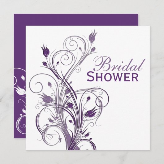 紫と白のフローラブライダルシャワー招待 招待状 (正面/裏面)