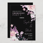 紫と白のフローラブラック婚約パーティ 招待状 (正面/裏面)