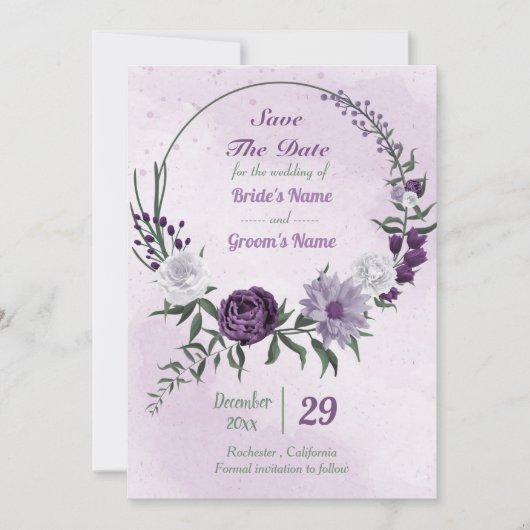 紫と白のフローラリース セーブザデート (正面)