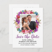 紫と白のフローラ写真の保存日付 案内ポストカード (正面/裏面)