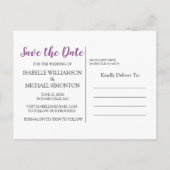 紫と白のフローラ写真の保存日付 案内ポストカード (裏面)