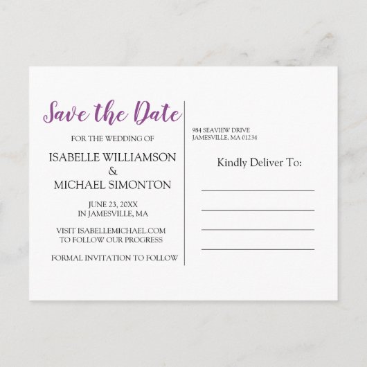 紫と白のフローラ写真の保存日付 案内ポストカード (裏面)