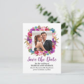 紫と白のフローラ写真の保存日付 案内ポストカード (スタンド正面)