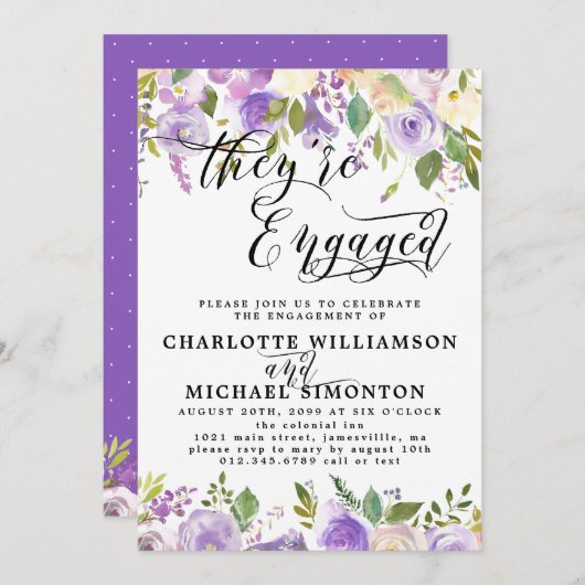 紫と白のフローラ婚約発表 招待状 (正面/裏面)