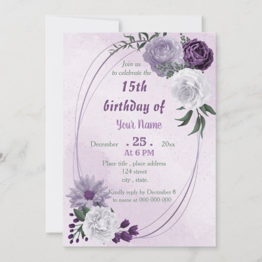 紫と白のフローラ幾何学誕生日パーティー 招待状 (正面)