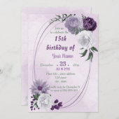 紫と白のフローラ幾何学誕生日パーティー 招待状 (正面/裏面)