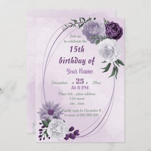 紫と白のフローラ幾何学誕生日パーティー 招待状 (正面/裏面)
