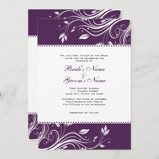 紫と白のフローラ旋回結婚式招待状 招待状 (正面/裏面)